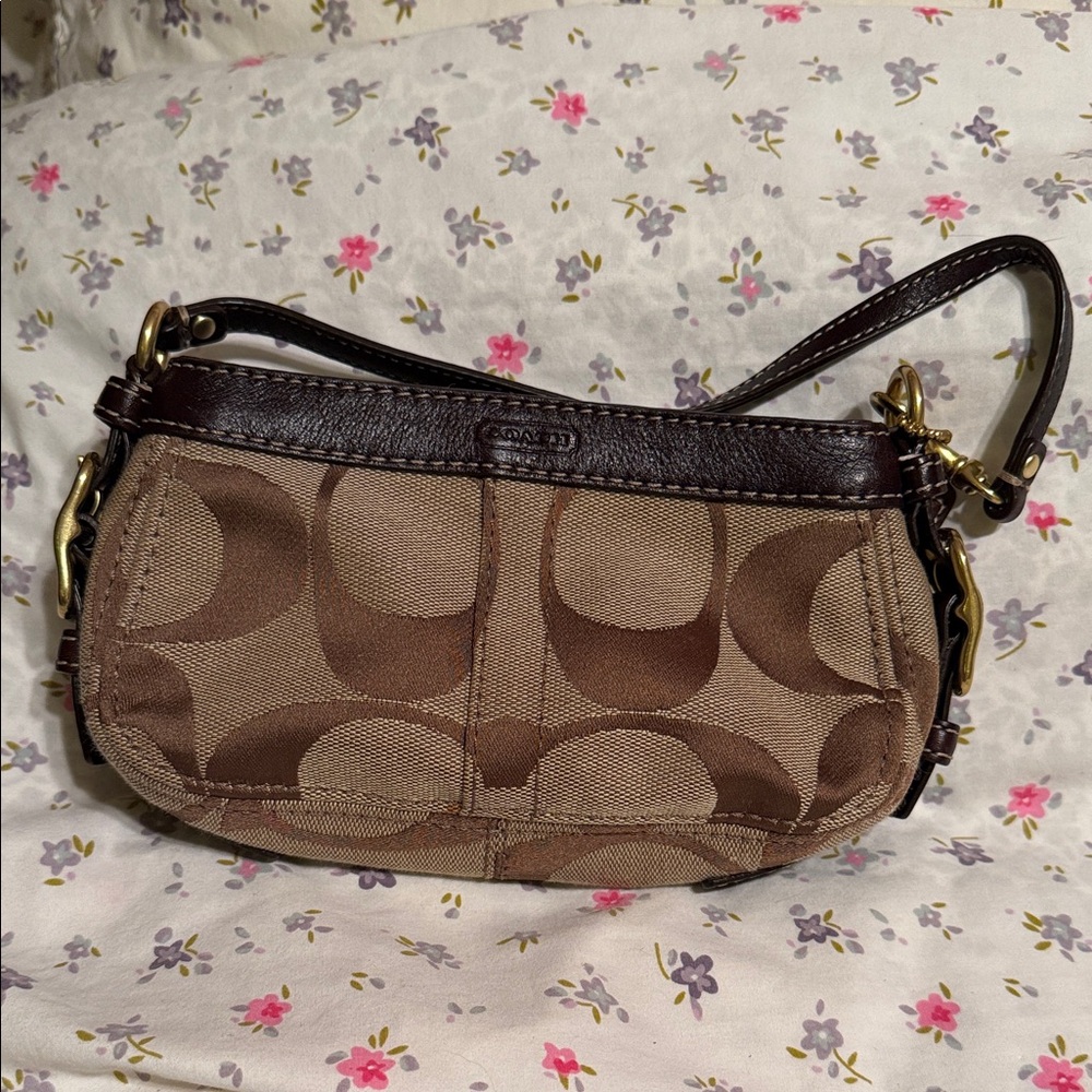 Coach Mini Signature Canvas Wristlet in Brown and Tan